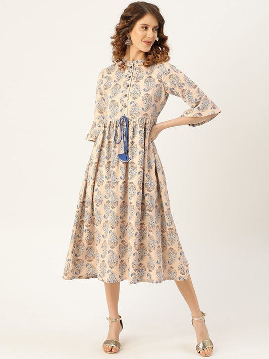 Women's Beige Paisely Drawstring Dress