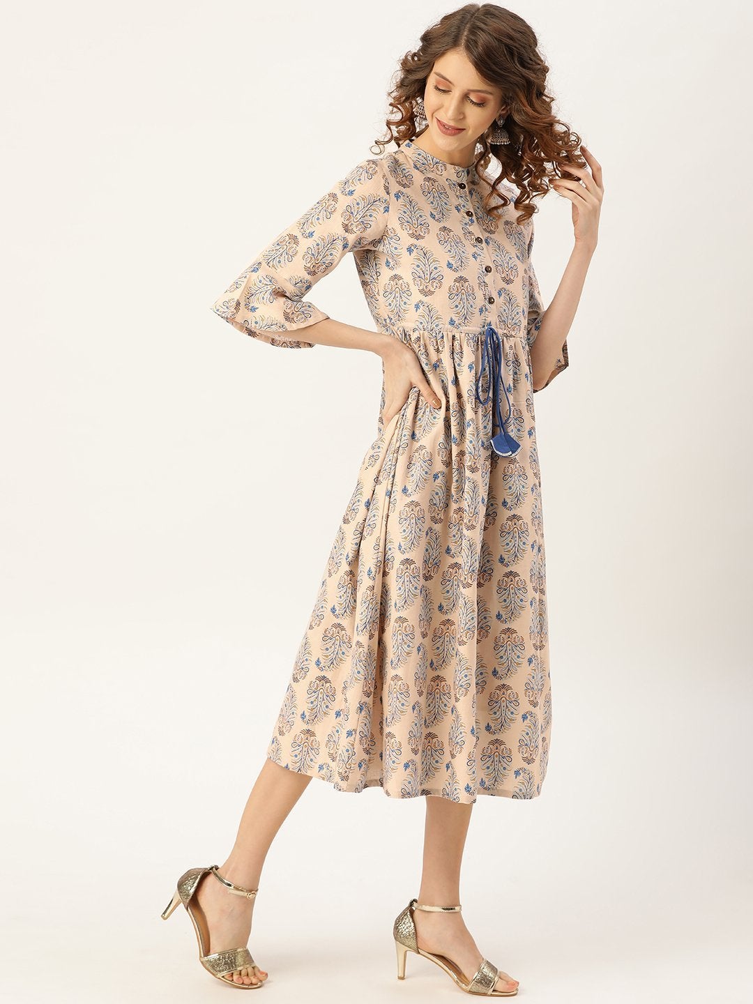 Women's Beige Paisely Drawstring Dress