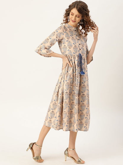 Women's Beige Paisely Drawstring Dress