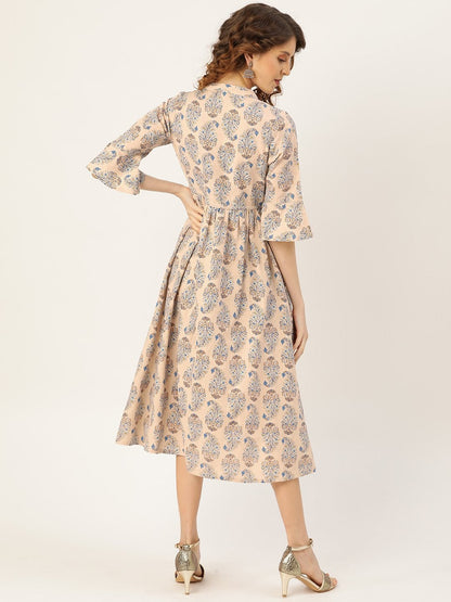 Women's Beige Paisely Drawstring Dress