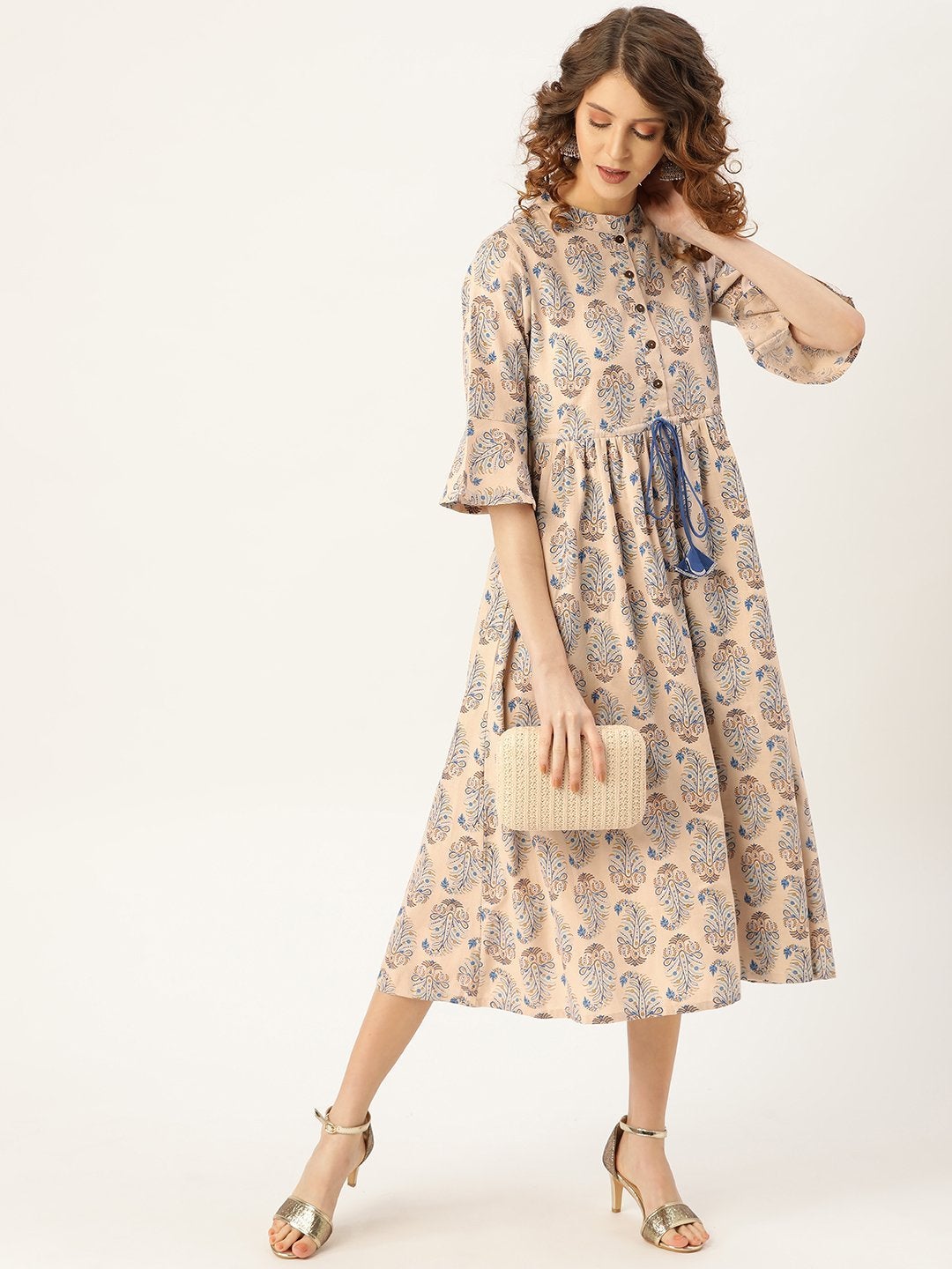 Women's Beige Paisely Drawstring Dress