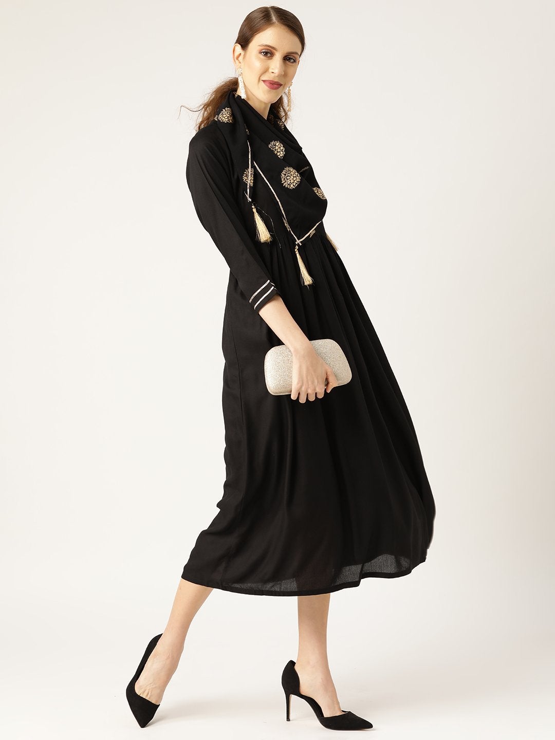 Women's Black Gathered Dress With Foil Print Scraf