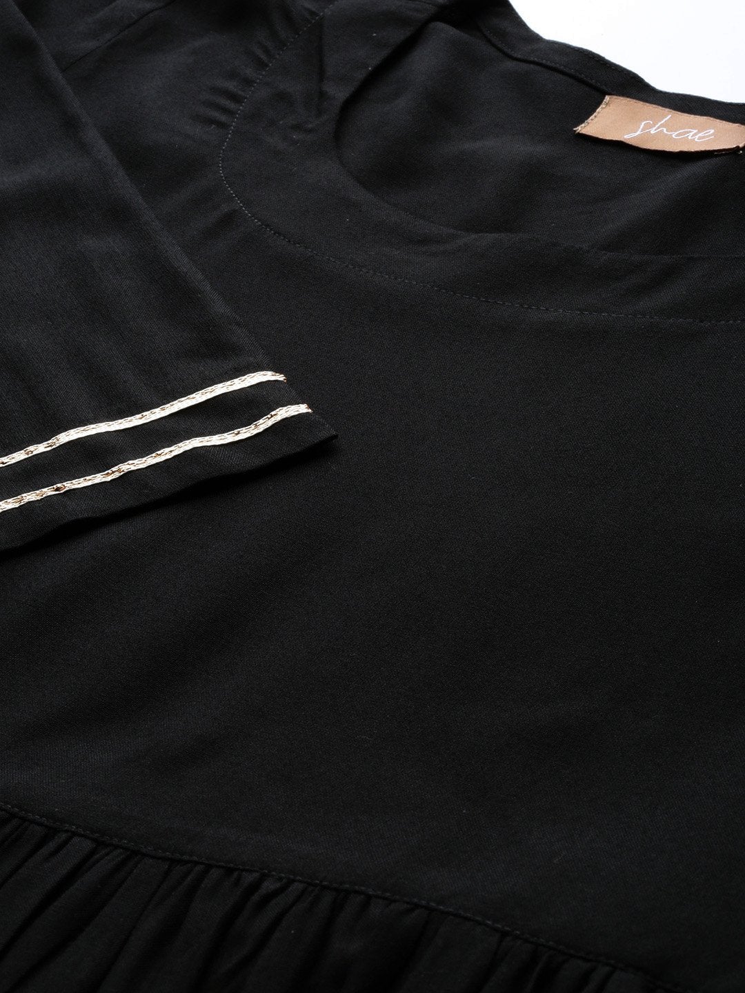 Women's Black Gathered Dress With Foil Print Scraf