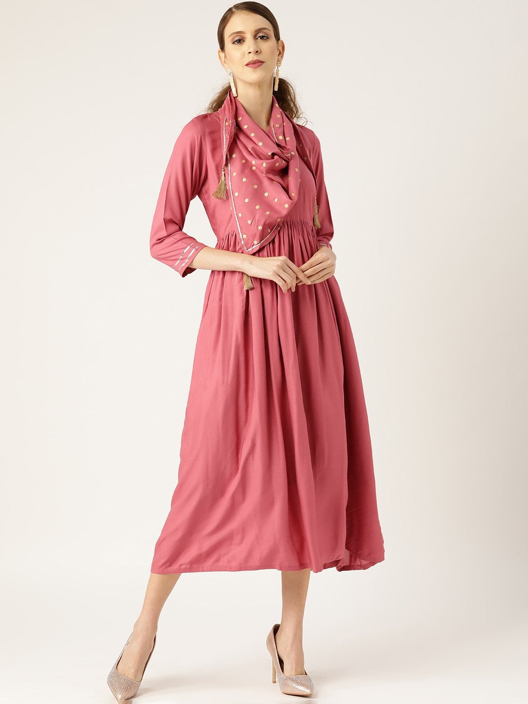 Women's Pink Gathered Dress With Foil Print Scraf