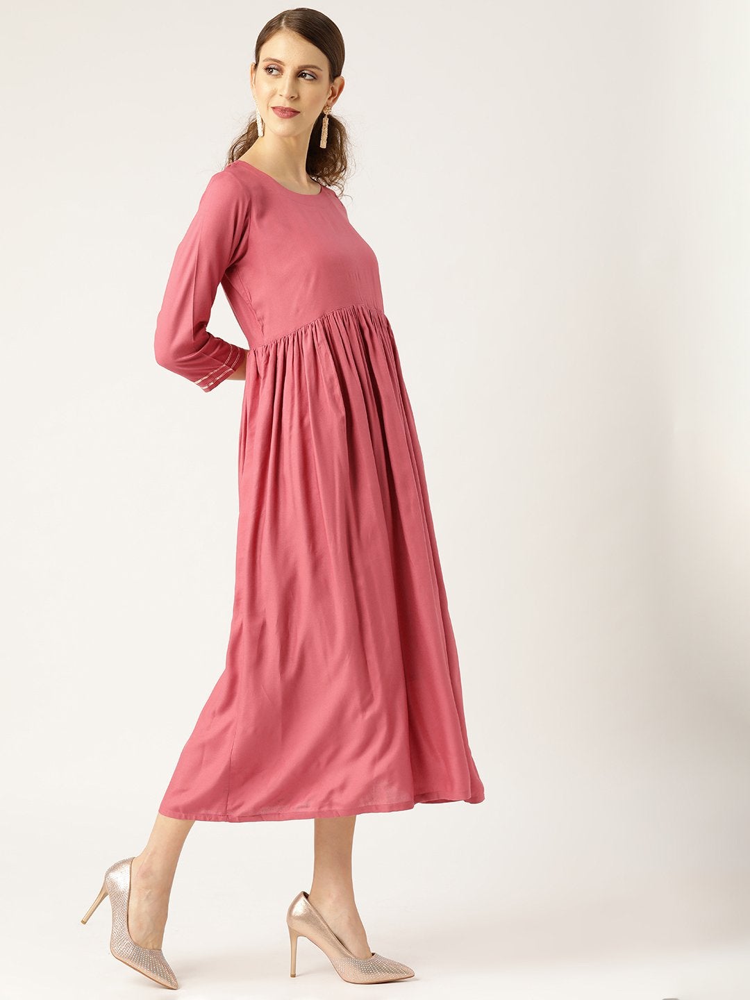 Women's Pink Gathered Dress With Foil Print Scraf