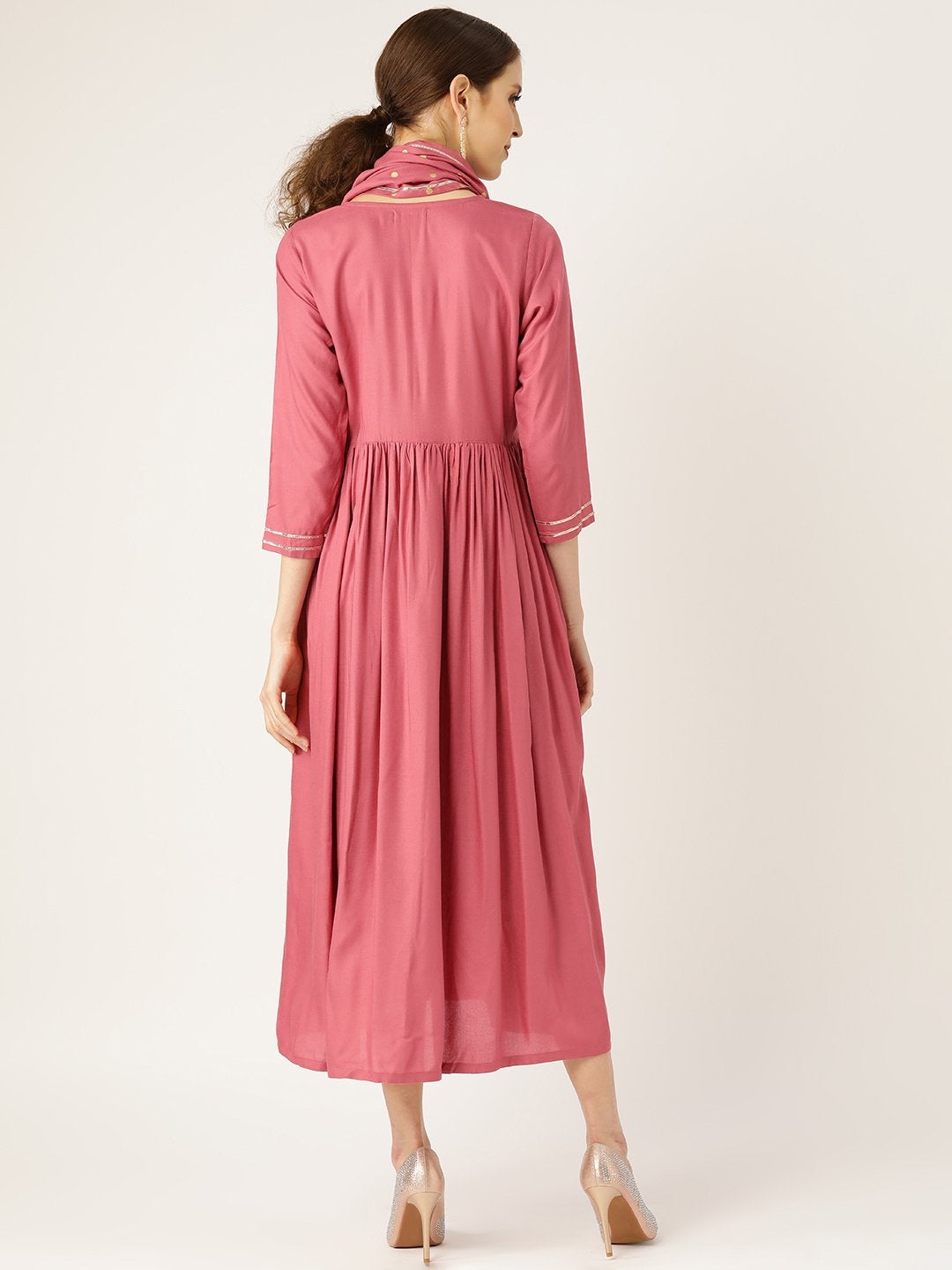 Women's Pink Gathered Dress With Foil Print Scraf