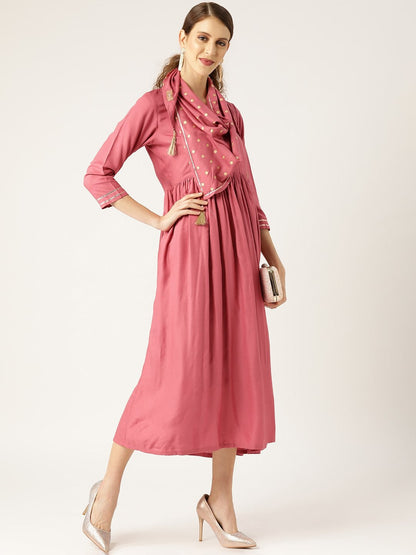 Women's Pink Gathered Dress With Foil Print Scraf