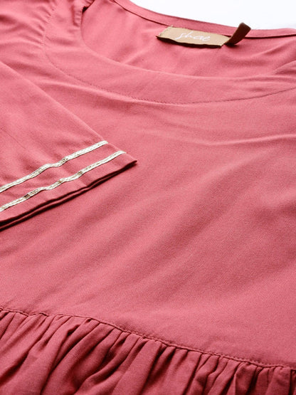 Women's Pink Gathered Dress With Foil Print Scraf