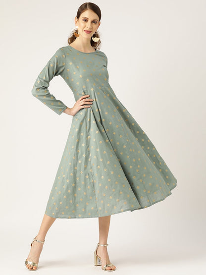 Women's Teal Small Booti Foil Anrakali Dress