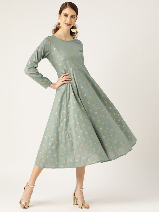 Women's Teal Small Booti Foil Anrakali Dress