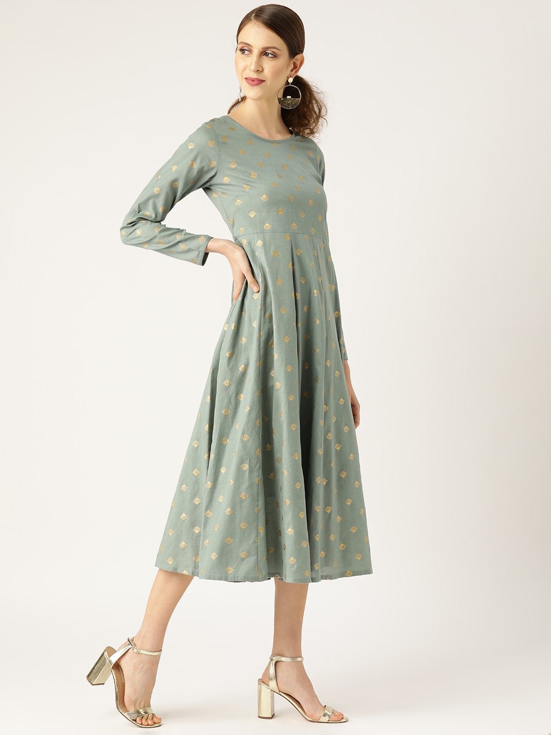 Women's Teal Small Booti Foil Anrakali Dress