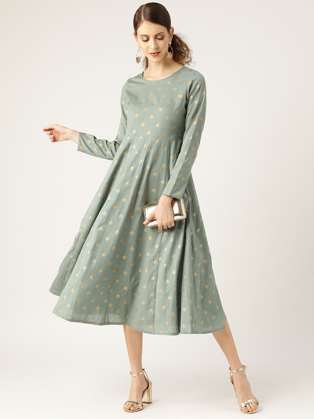 Women's Teal Small Booti Foil Anrakali Dress