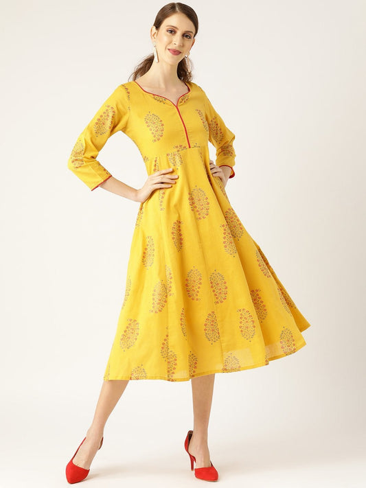 Women's Mustard Foil Print Sweetheart Neck Dress