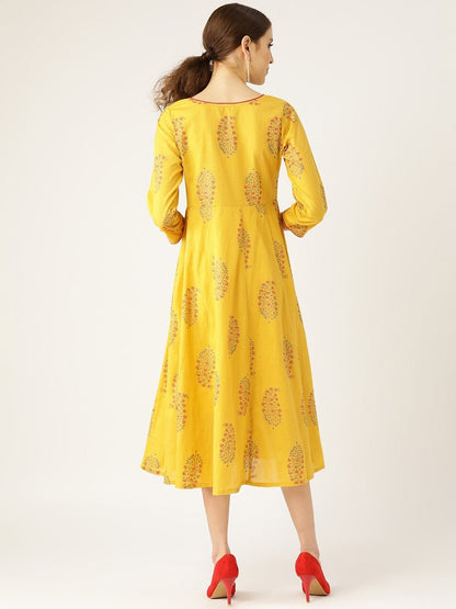 Women's Mustard Foil Print Sweetheart Neck Dress