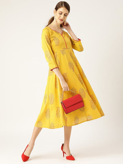Women's Mustard Foil Print Sweetheart Neck Dress