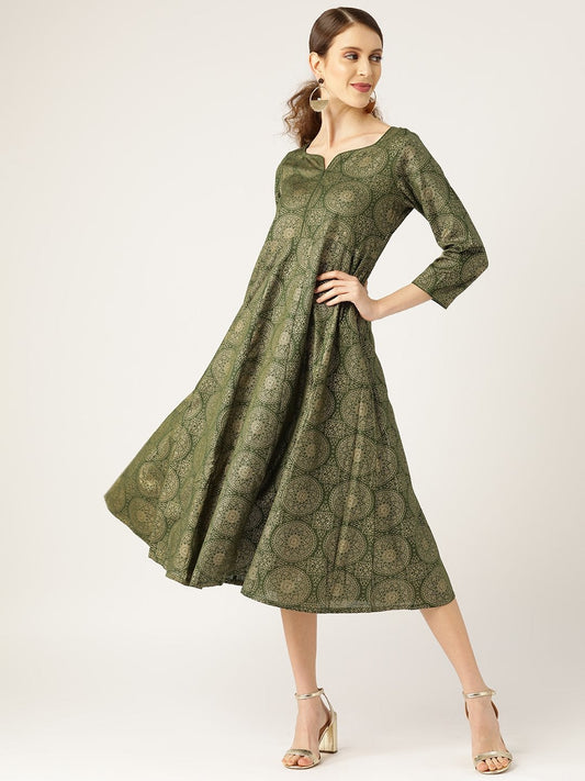 Women's Dark Green Foil Print Sweetheart Neck Dress