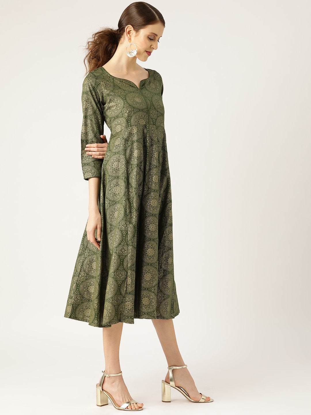 Women's Dark Green Foil Print Sweetheart Neck Dress