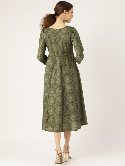 Women's Dark Green Foil Print Sweetheart Neck Dress