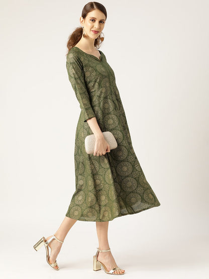 Women's Dark Green Foil Print Sweetheart Neck Dress