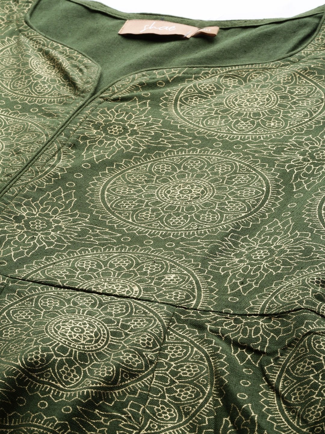 Women's Dark Green Foil Print Sweetheart Neck Dress