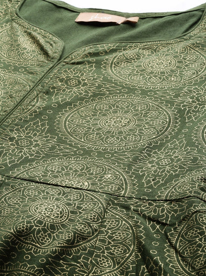 Women's Dark Green Foil Print Sweetheart Neck Dress