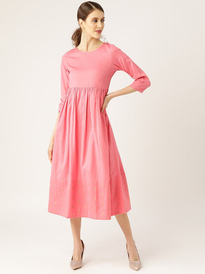 Women's Pink Dot Foil Print Gathered Dress