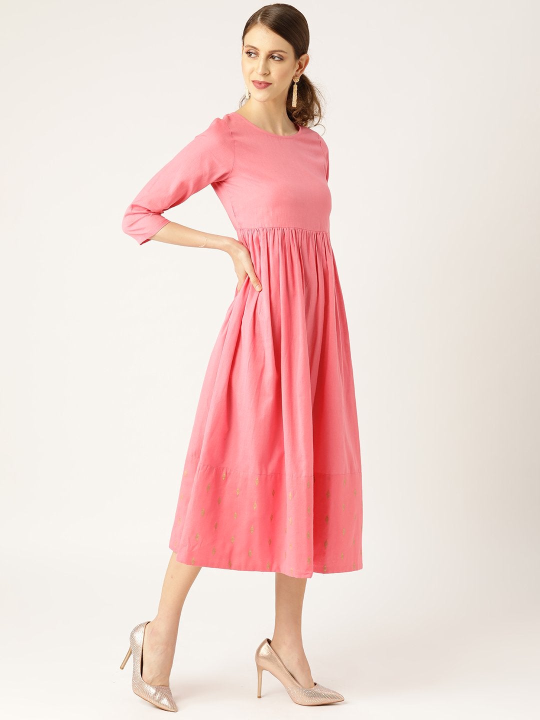 Women's Pink Dot Foil Print Gathered Dress