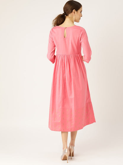 Women's Pink Dot Foil Print Gathered Dress