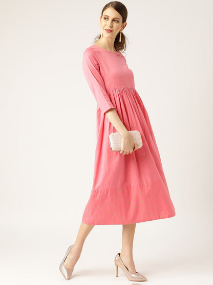 Women's Pink Dot Foil Print Gathered Dress