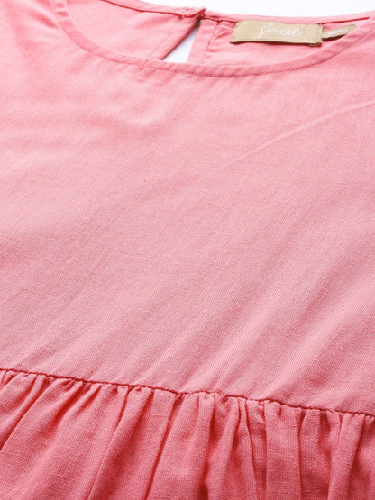 Women's Pink Dot Foil Print Gathered Dress