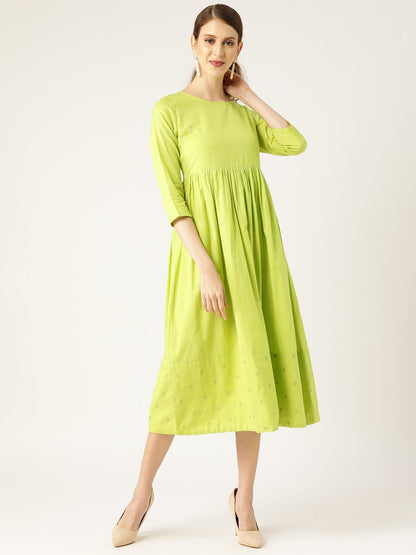 Women's Lime Green Dot Foil Print Gathered Dress