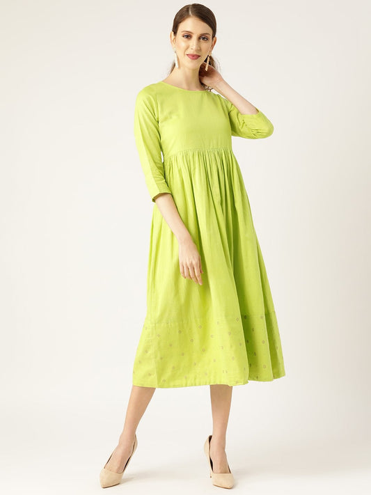 Women's Lime Green Dot Foil Print Gathered Dress