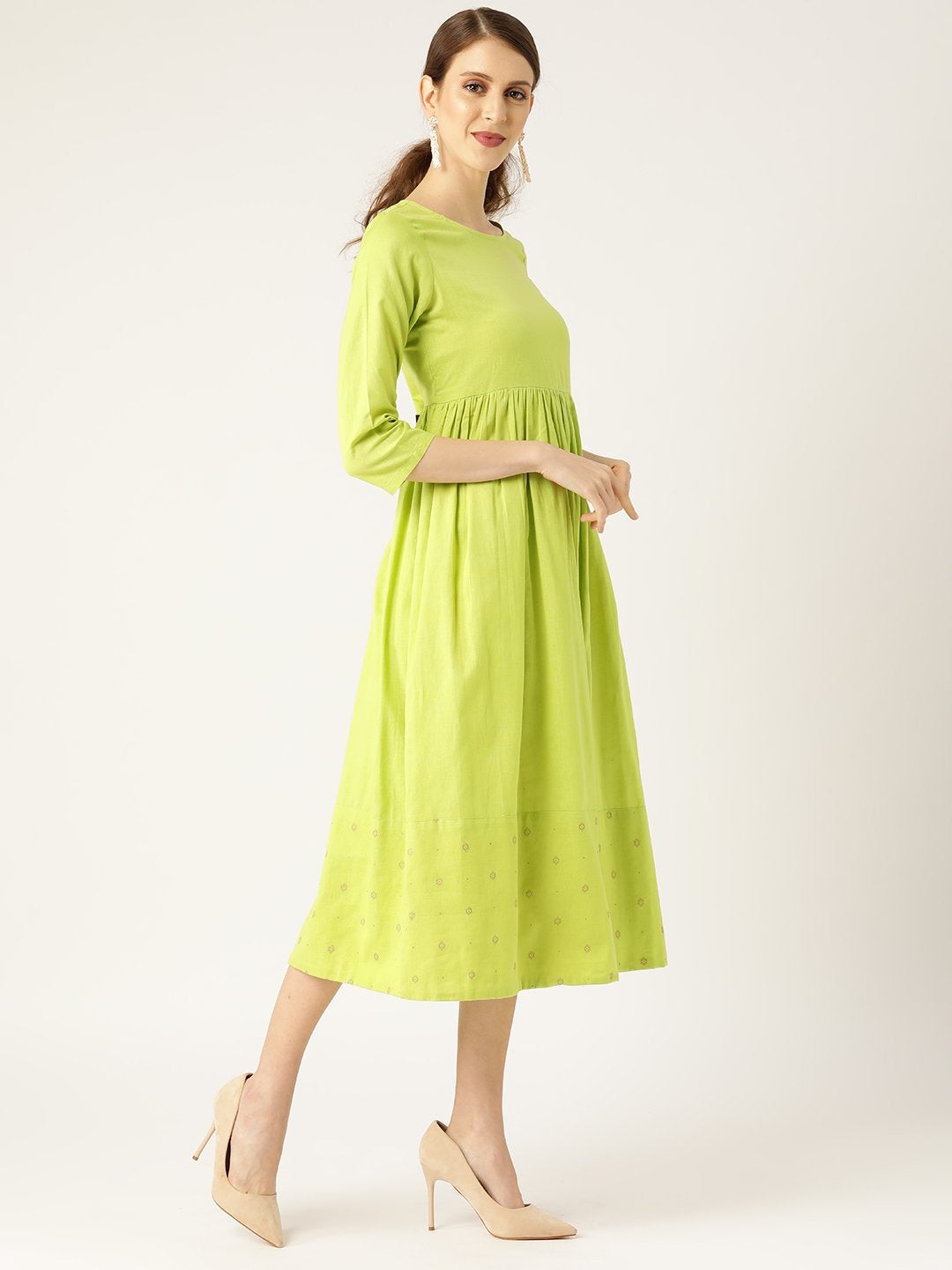 Women's Lime Green Dot Foil Print Gathered Dress