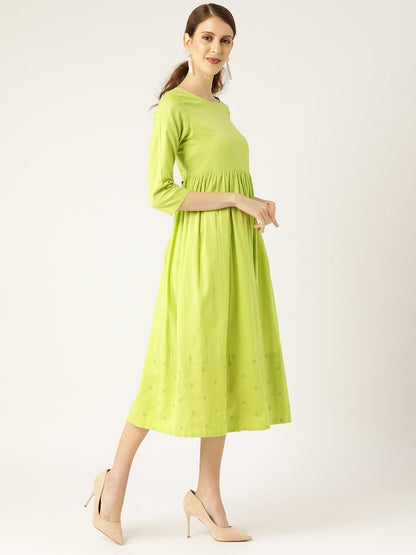 Women's Lime Green Dot Foil Print Gathered Dress