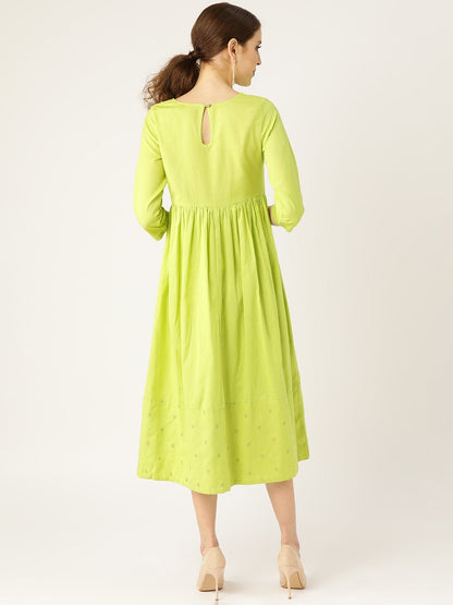 Women's Lime Green Dot Foil Print Gathered Dress