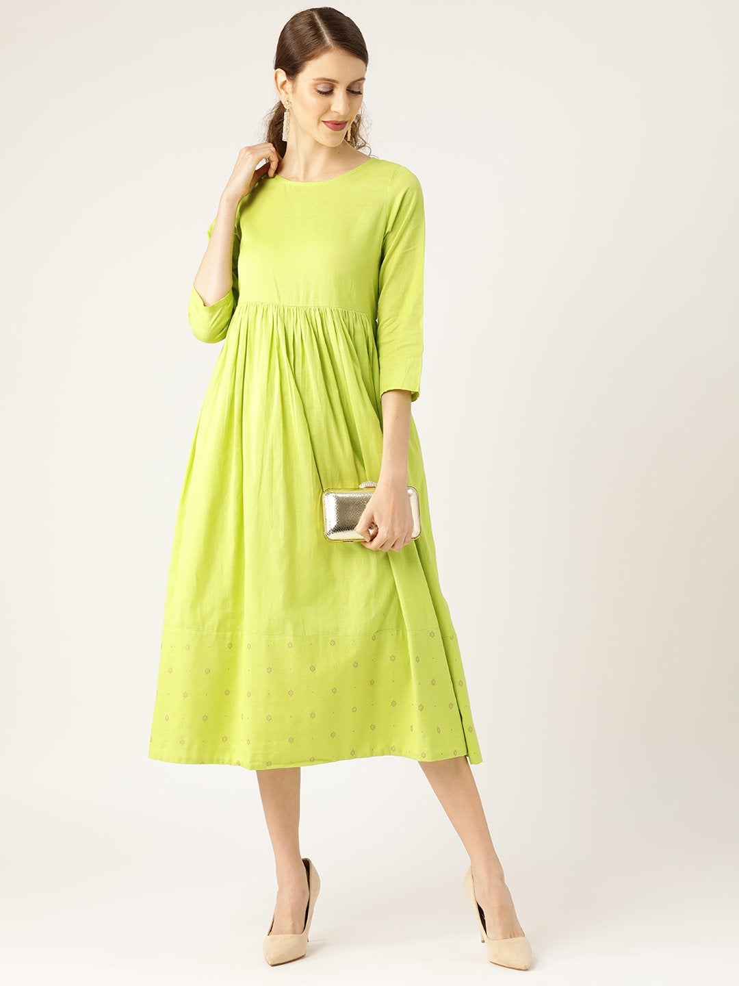 Women's Lime Green Dot Foil Print Gathered Dress