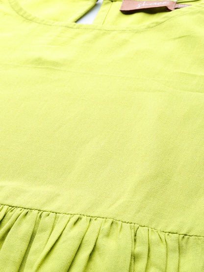 Women's Lime Green Dot Foil Print Gathered Dress