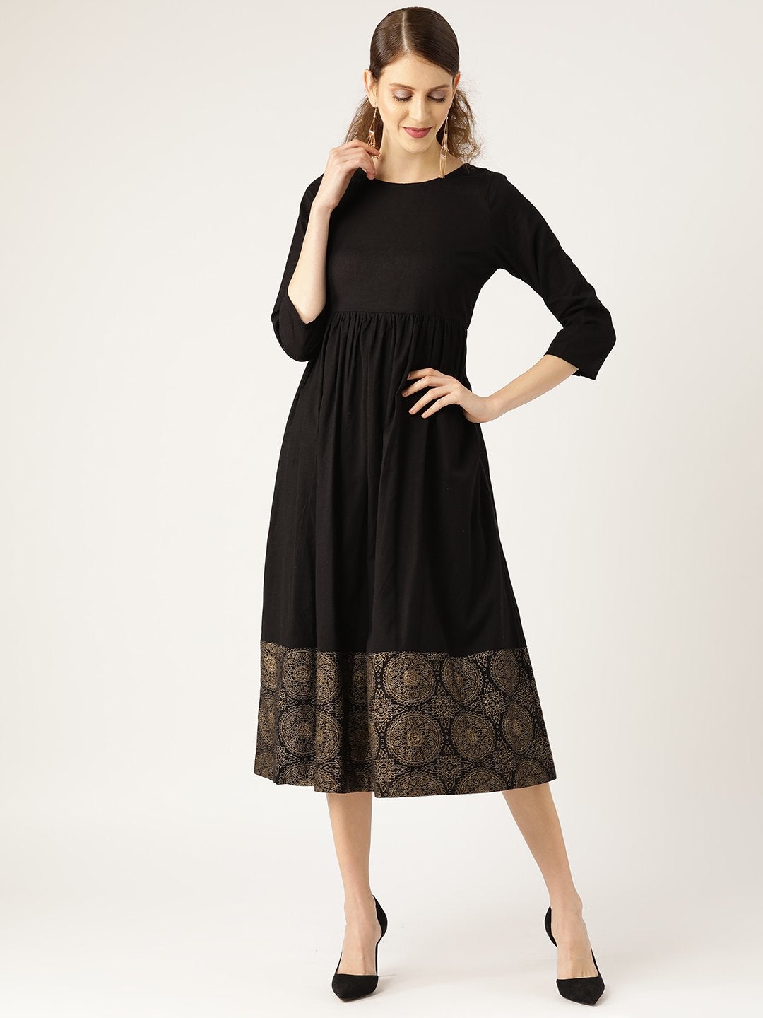 Women's Black Chakra Foil Print Gathered Dress