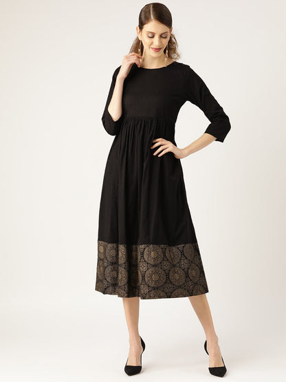 Women's Black Chakra Foil Print Gathered Dress