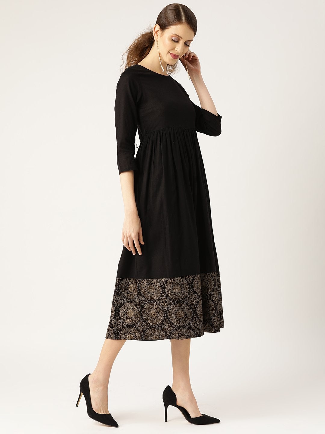 Women's Black Chakra Foil Print Gathered Dress