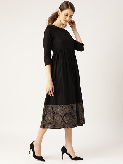 Women's Black Chakra Foil Print Gathered Dress