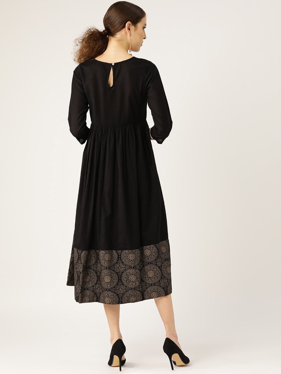 Women's Black Chakra Foil Print Gathered Dress