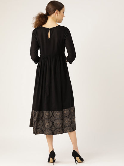Women's Black Chakra Foil Print Gathered Dress