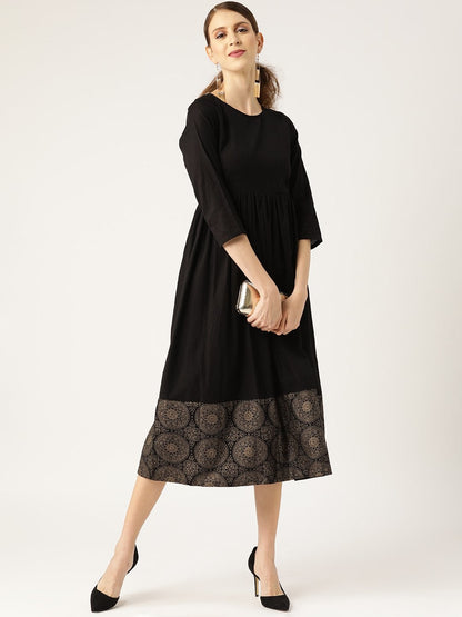 Women's Black Chakra Foil Print Gathered Dress