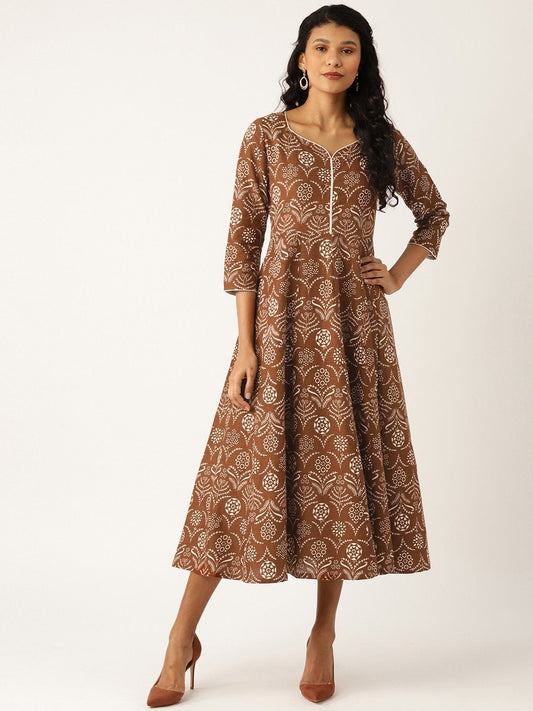 Women's Brown Floral Sweetheart Neck Flared Midi Dress