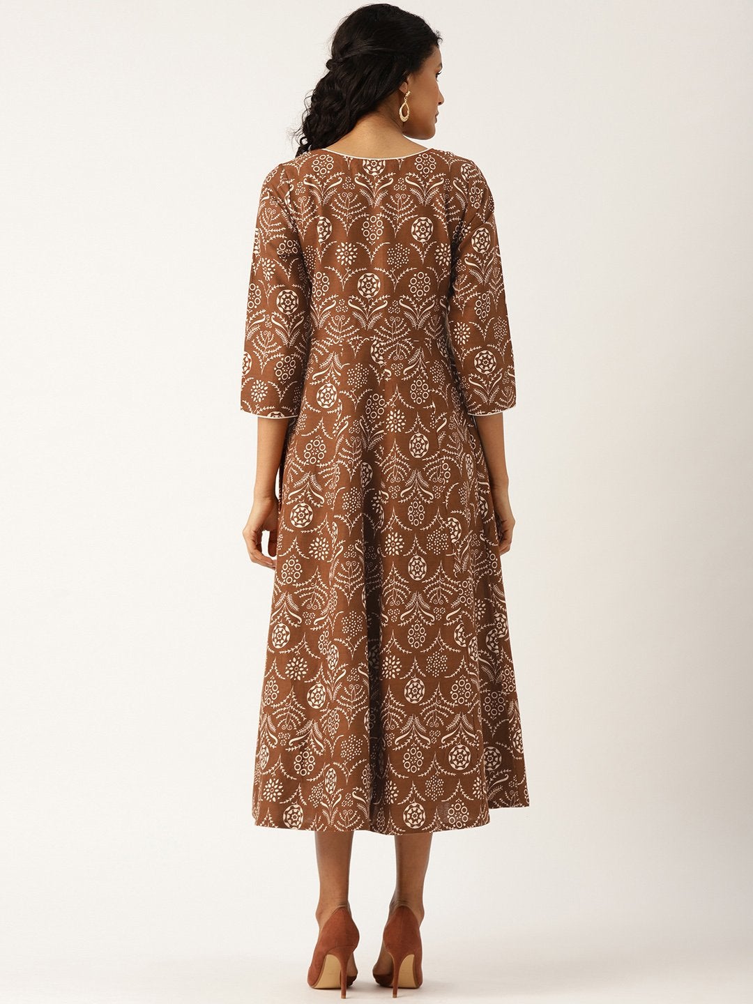 Women's Brown Floral Sweetheart Neck Flared Midi Dress