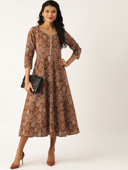 Women's Brown Floral Sweetheart Neck Flared Midi Dress