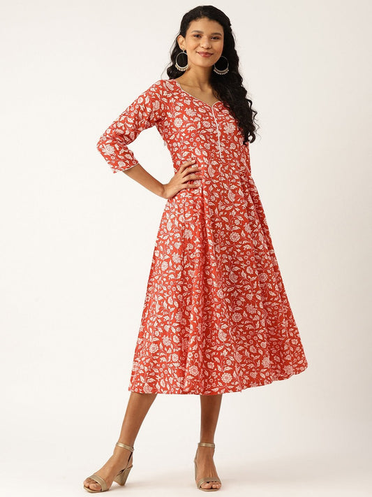 Women's Red Floral Sweetheart Neck Flared Midi Dress