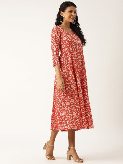 Women's Red Floral Sweetheart Neck Flared Midi Dress