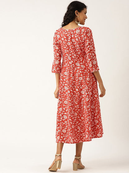 Women's Red Floral Sweetheart Neck Flared Midi Dress